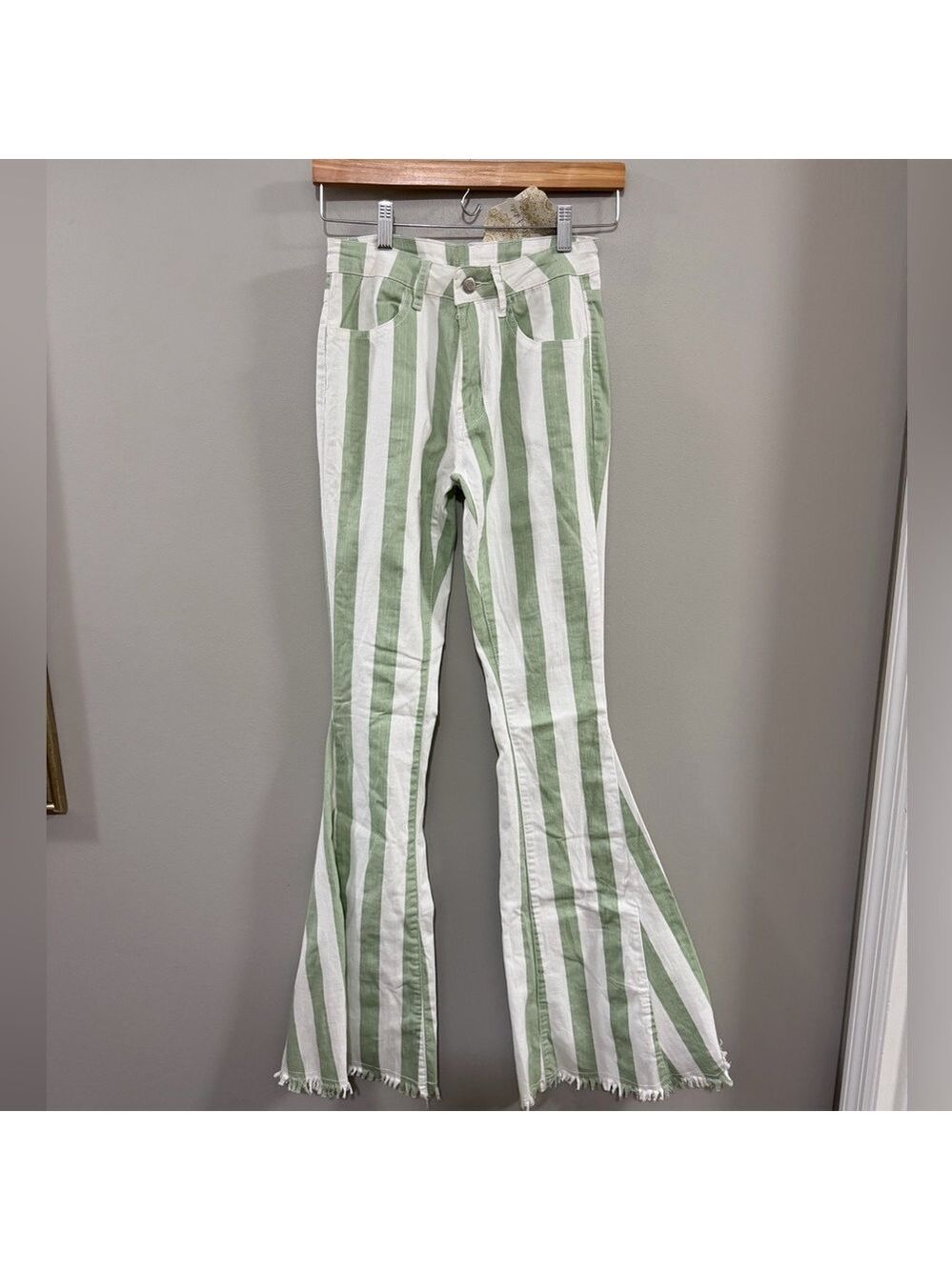 Altar'd State Saints & Hearts Ivory/Seafoam High Rise Striped Bell Bottom Jeans